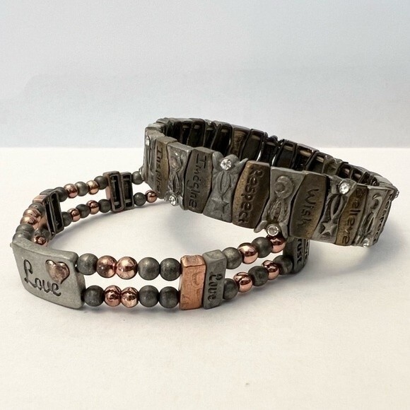 Two Vintage Bracelets Mixed Metal Inspirational Word Charm Beaded Elastic Cuffs - Picture 2 of 9